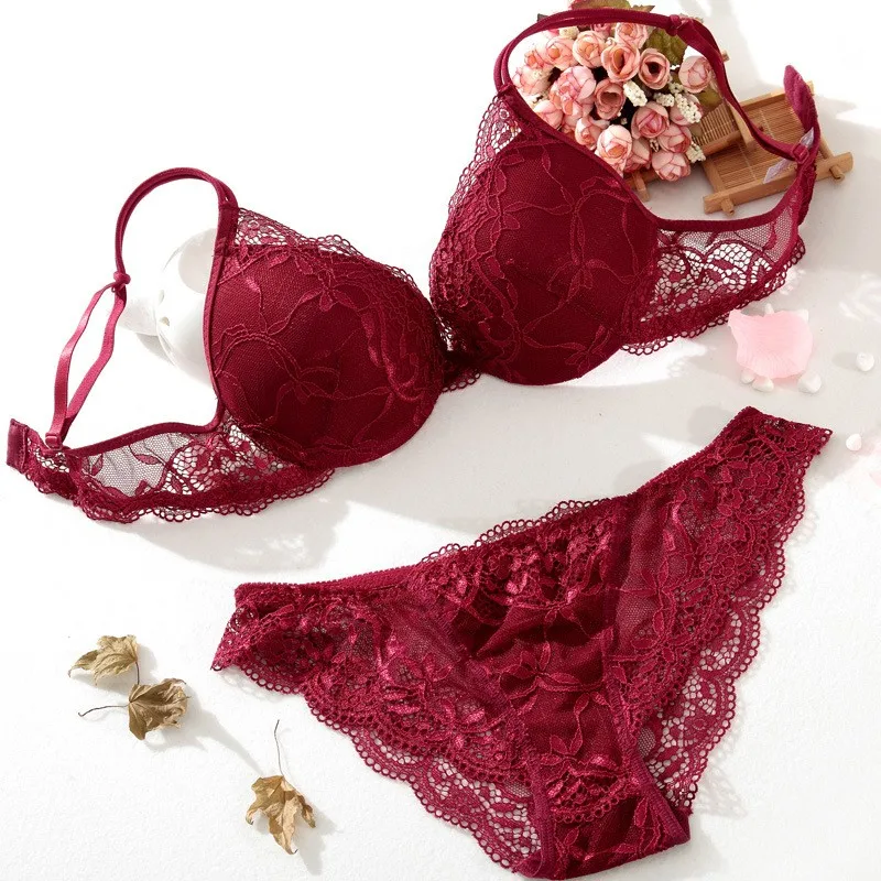Low Price Women Fashion 2 Piece Solid sexy Transparent Lace Underwire bras Push Up Underwear Panty Bra Brief Set