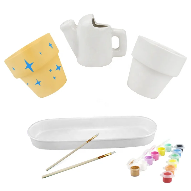 Kids mini ceramic plant Flower Pots and water can with 12 colors Paint and 2 brushes Set for children, succulent planter pot