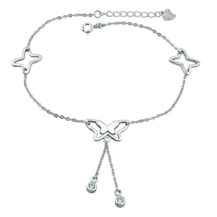 Rhodium Plated 925 Sterling Silver O-Chain 8.5+1.5 Inches Adjustable Butterfly Foot Bracelet Anklets For Girls