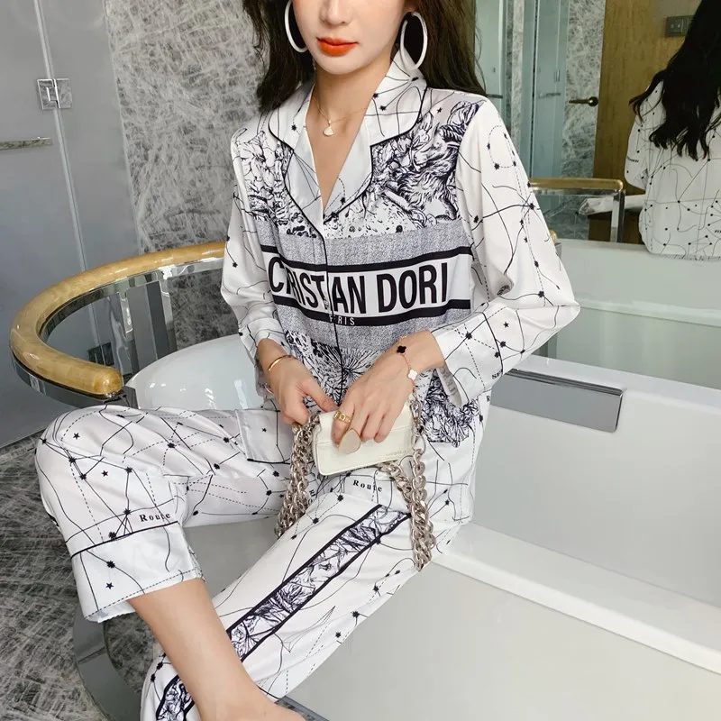 Match Wedding Female Fashionable Elegant Long-sleeved Trousers Home Wear Silk Pajamas For Family White