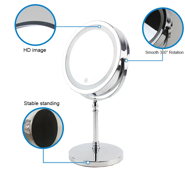 Round Chrome Double Sides Magnifying Desktop LED Cosmetic Mirror Modern Makeup Mirror With LED Light