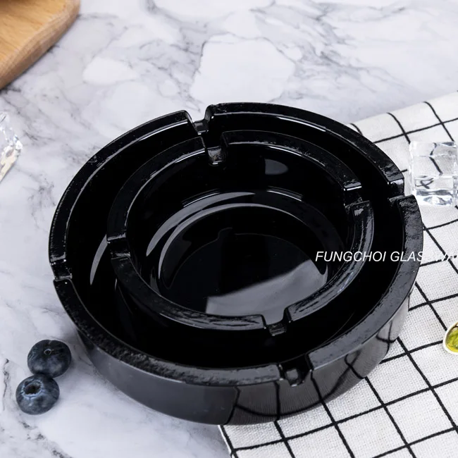 customized printing black color ashtray round thick wall glass cigar tobacco 2 ashtray set