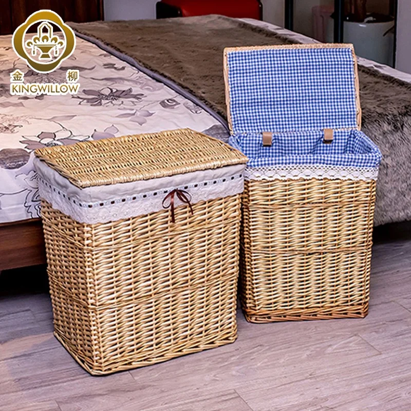 Large Rectangular Natural Brown Wicker Storage Basket Home Laundry Basket with Plastic Lid Lining for Clothes Organization
