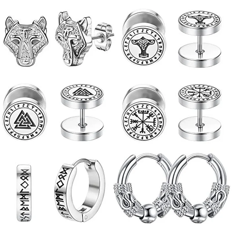 8-Piece Classic Set of Stainless Steel Wolf Head and Geometric Stud Earrings & Huggie Hoops earrings for men | Hypoallerge