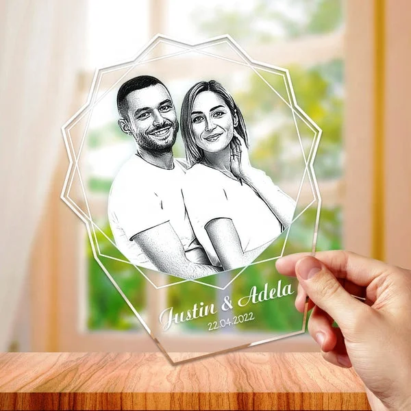 Custom Photo Double Hexagon Change 7 Color Lamp Personalized Acrylic Carving Plaque Coloured Led Acrylic Night Light Wooden Base