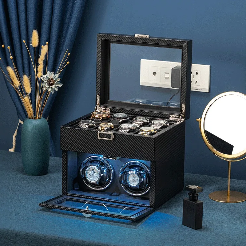 New Trend Luxury Leather Watch Organizer Auto Stop  Led Winder Shaker Box