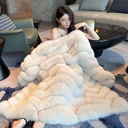 High-End X-Long Real Fox Fur Coat Women Luxury Genuine Fur Jacket Fashion Furry Overcoat Winter Ladies