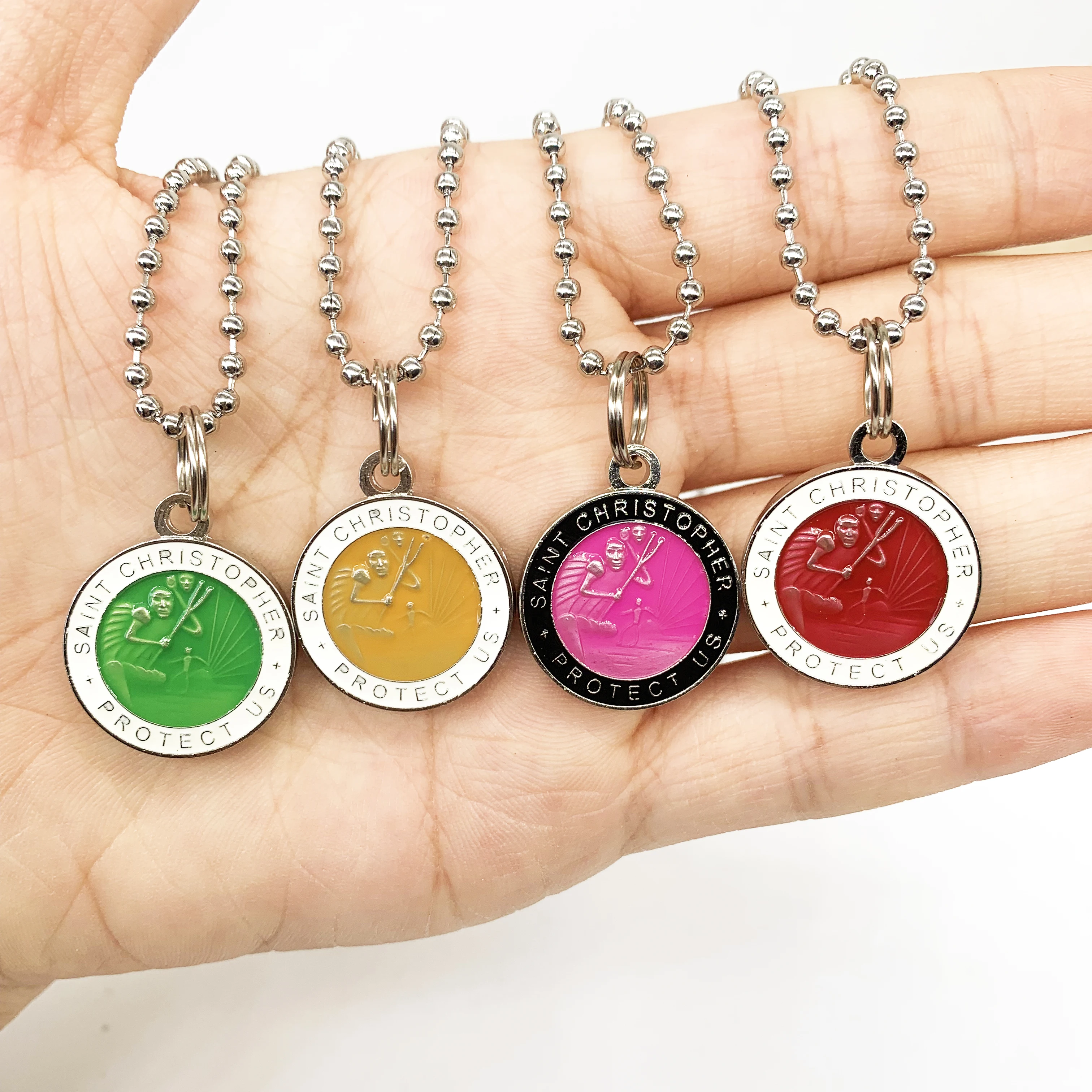 Saint Dog Tag Pendants Saint Colorful Ball Chain Necklace Round Saint Christopher Medal Patron of Travelers Necklace