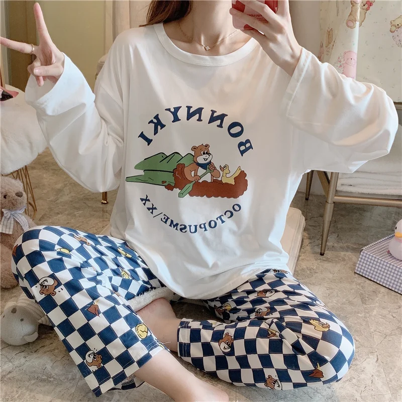 Sleepwear Autumn O Neck Long Sleeve Pants 2Pcs Sets Pajamas Snoopy Cartoons Korean Loungwear Oversize Sweet Leisure Home