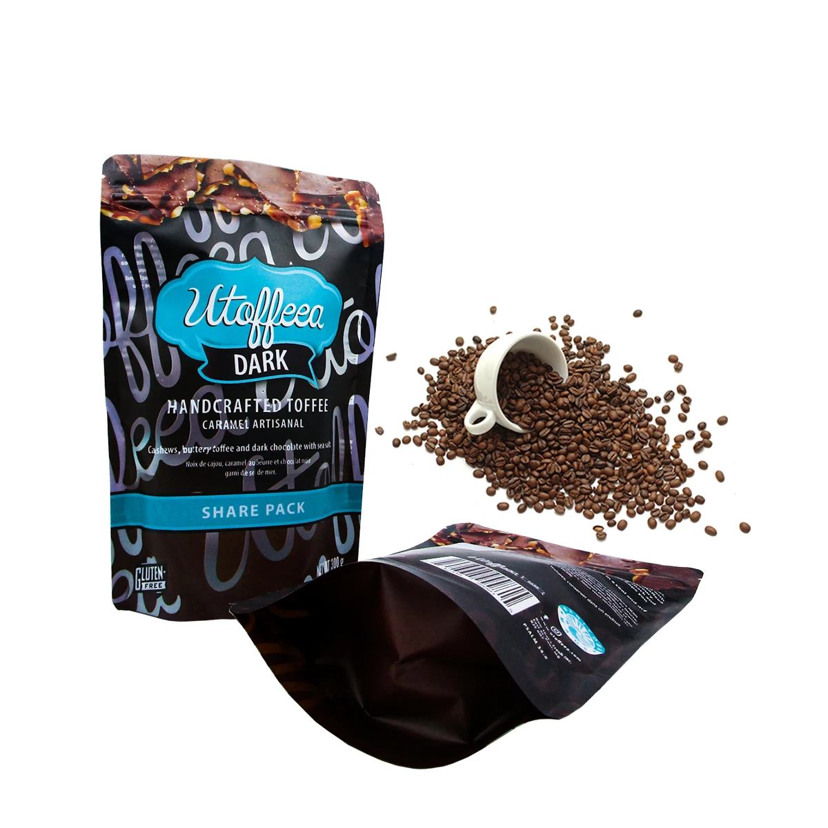 Custom food grade ziplock aluminum foil nuts tea snack food packing bag stand up zipper pouch black coffee bags