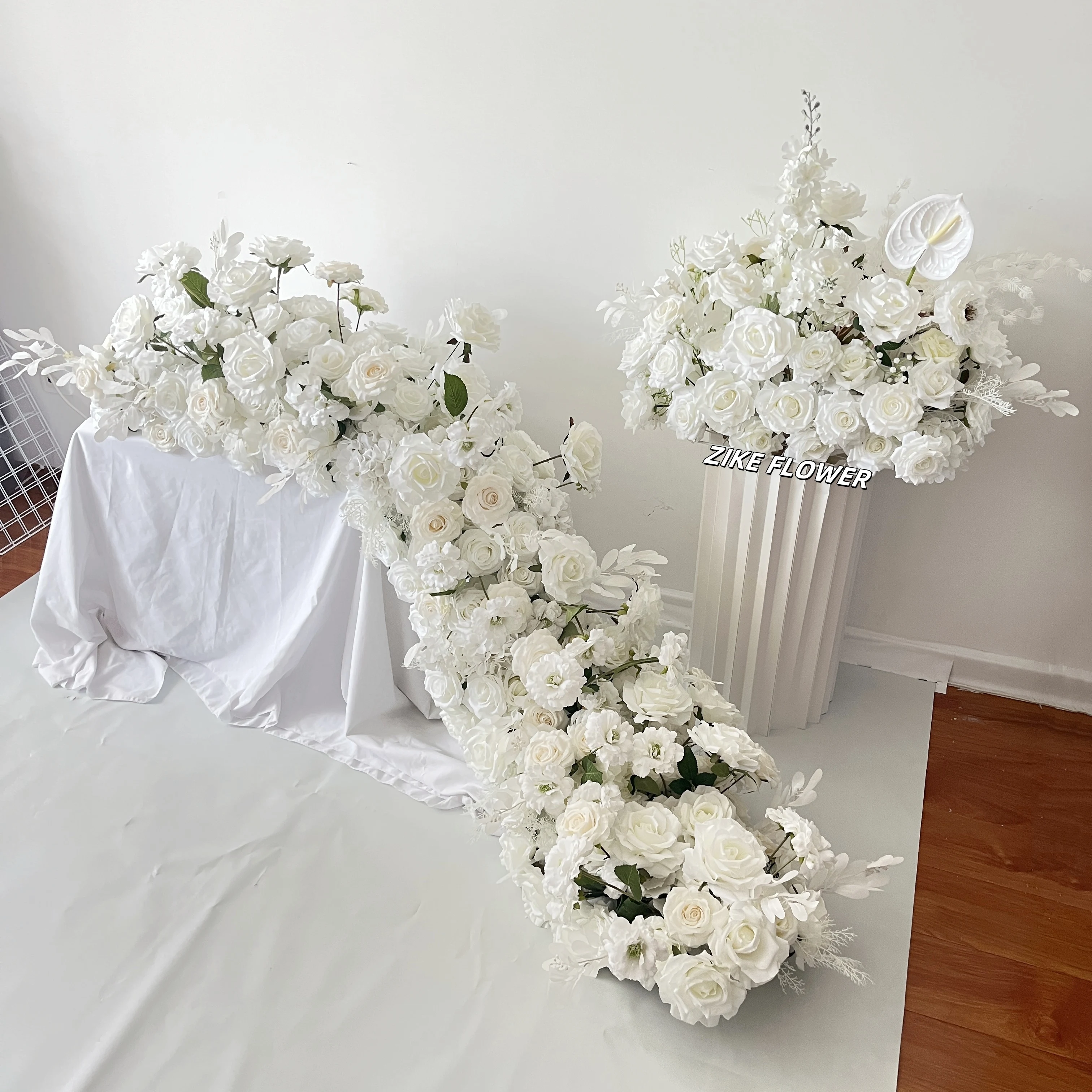 High Quality White Peony Rose Flower Garland Baby Breath Floral Table Runner Silk Row for Wedding Flower Arrangement