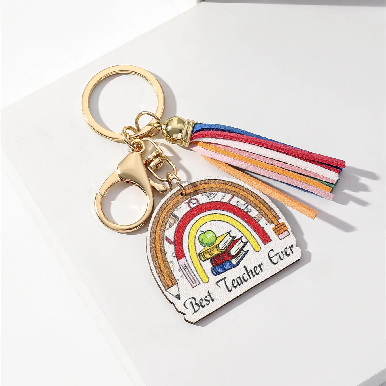 Popular Rainbow Wooden Tag Tassel Keychain Creative Wood Keychains Teacher Keychain For Graduation Season Gifts