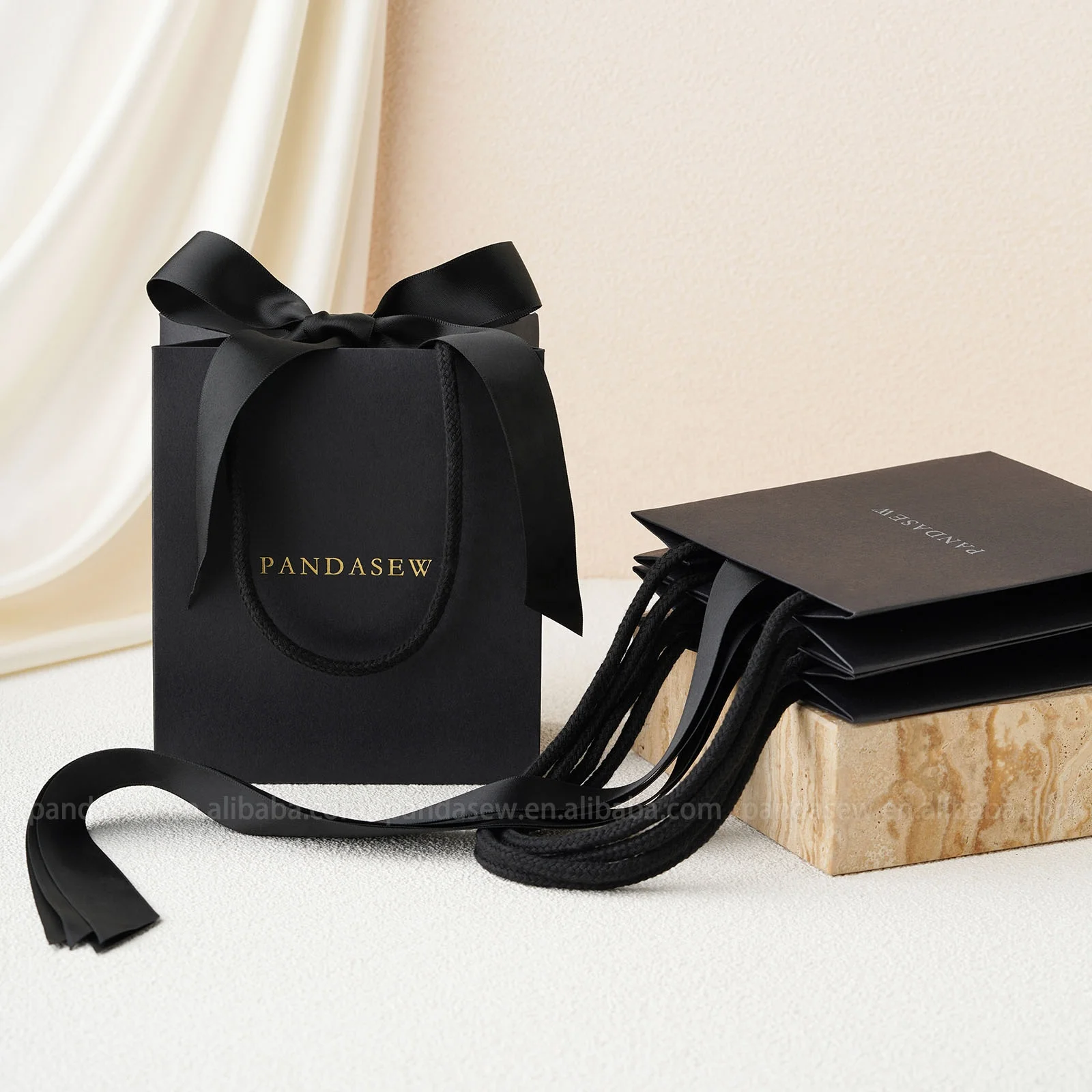PandaSew Custom Logo Printed Black Gift Paper Bags with Ribbon Rope Kraft Handle Shopping Paper Bag