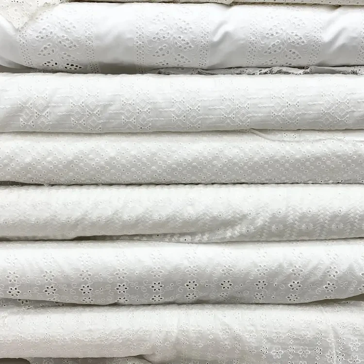 Lightweight yarn count customization soft flower embroidery holes eye let lace fabric with cotton lining