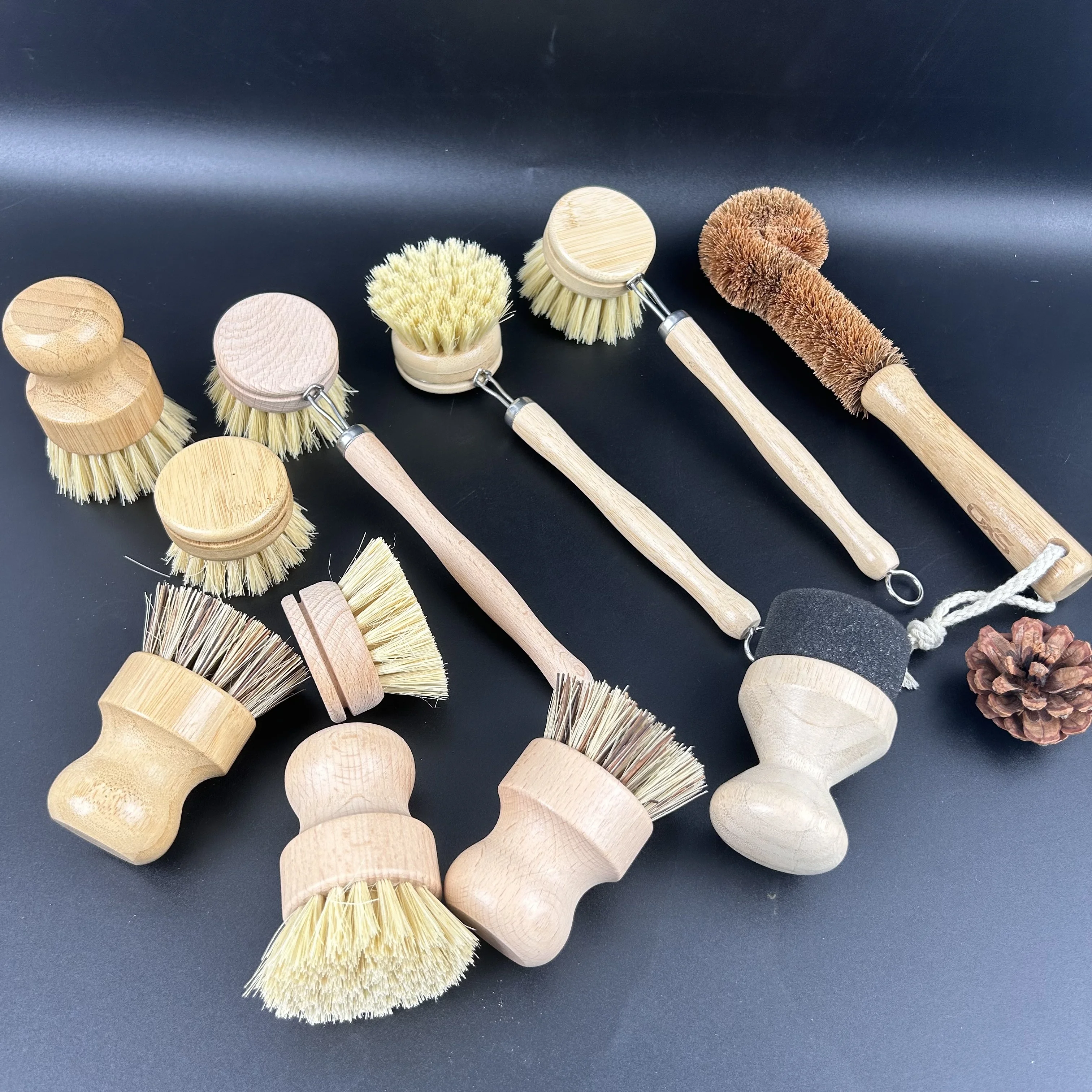 Custom Logo Kitchen Cleaning Bamboo Wooden Pot Dish Washing Brush Eco-Friendly Nature Wood Vegetable Scrub Brush Set