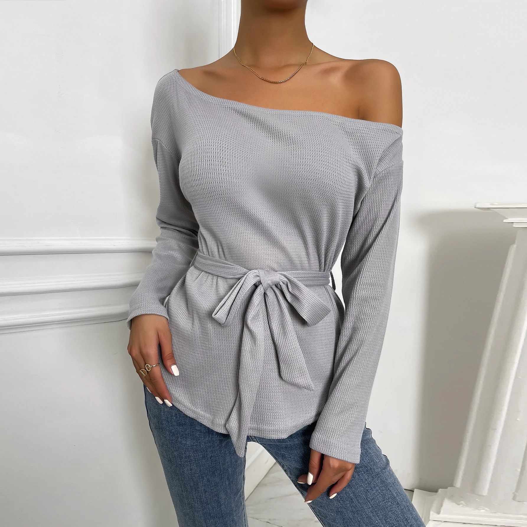 Spring Fall Sexy Asymmetrical Neck Belted Tee Drop Shoulder t-Shirts Knitted Pullover Woman Waffle t-Shirt With Waist Belt