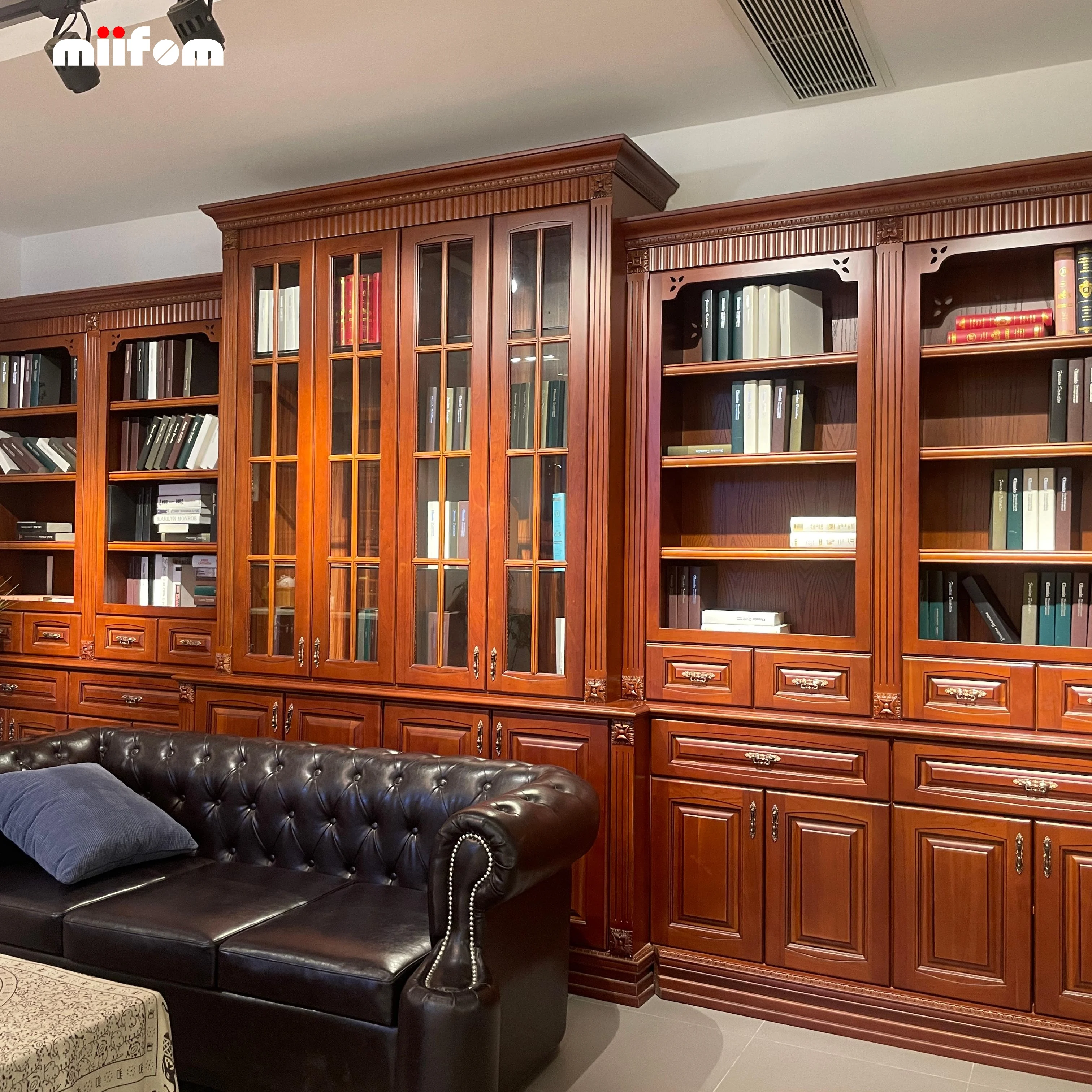 Vintage style red solid wood painted furniture, kitchen cabinets with irregular arcs