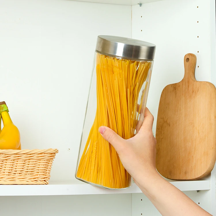bpa free modern large kitchen transparent glass vacuum candy pasta coffee storage jars container organiser stainless steel lid