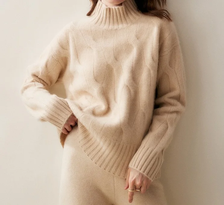 Custom New Cashmere Sweater Women half turtleneck Thickened Loose Knit Jumper Plus Size Pullover Jacquard Autumn Winter