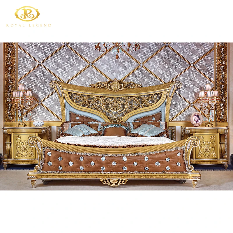 Classic Luxury Palace Style Baroque Gold Foil Crowned King Size Bed for Master Bedroom