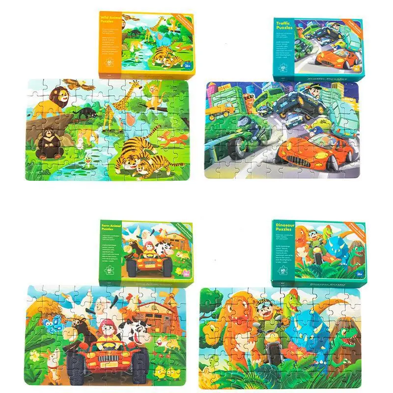60PCS Custom 3D Kids  Animal Space Dinosaur Farm Jigsaw Wooden Puzzle Intelligence Early Education Toy DIY  Game  for Kids