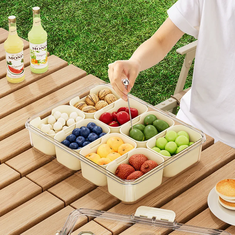 Upgraded Portable Fruits Snack Storage Box Refrigerator Fresh Food Grade Sealed Box 8-Compartment Serving Tray with fork spoon