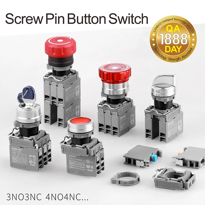 LANBOO Red Mushroom Head ROHS 22mm Plastic Metal Emergency Stop Button Switch  3NO3NC LED green 24V