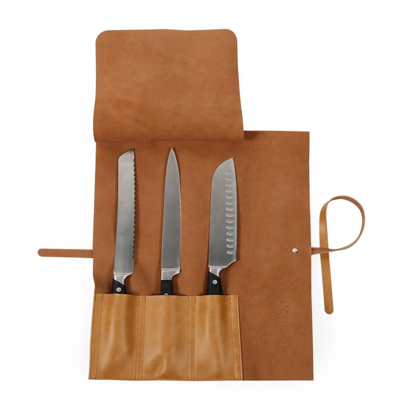 CHANGRONG Custom 3 Knife Slots  Brown Leather Chef Knife Roll Bag