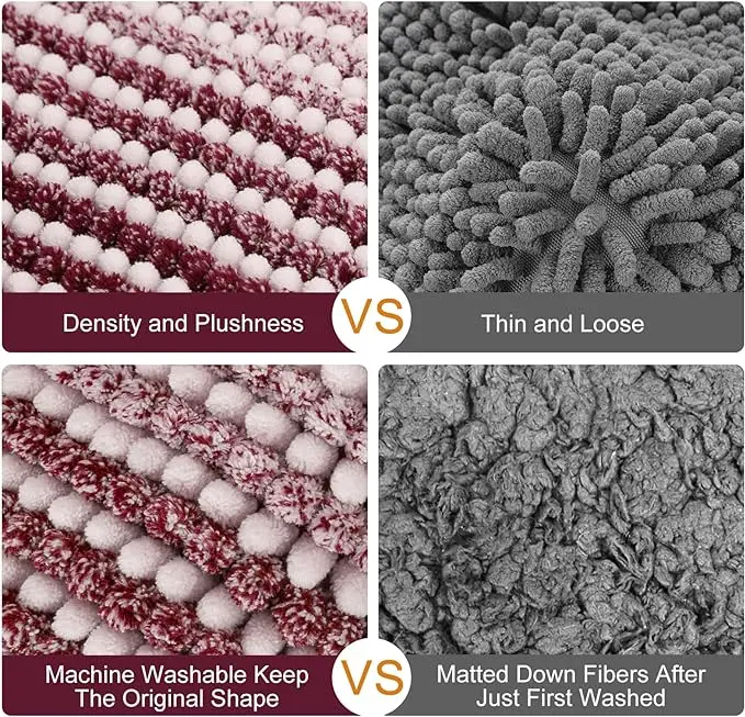 Burgundy Striped Cationic Chenille Bath Mats anti-sliping Mats For Shower Absorbent Sustainable Rugs