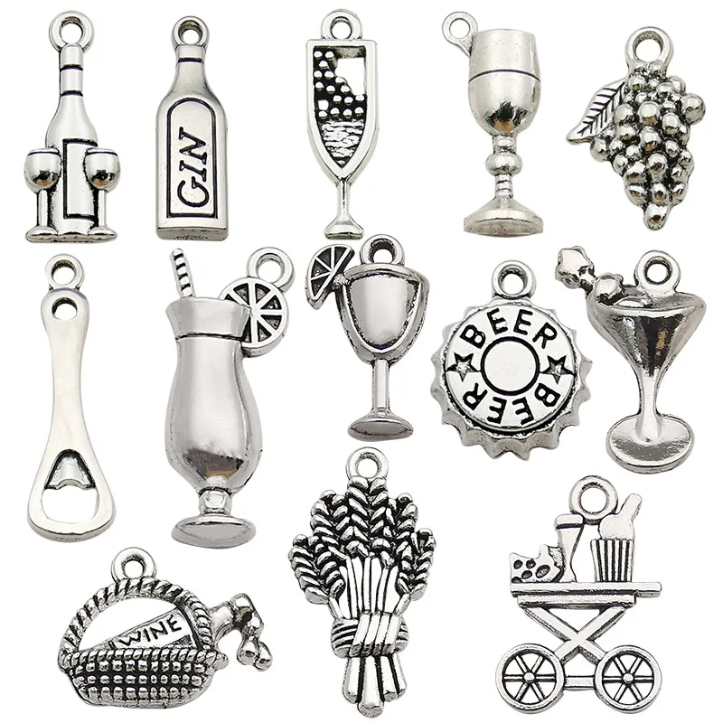 Vintage DIY Jewelry Accessories Silver Alloy Wheat Ears Wine Glasses Grapes Pendant Charms for Keychain Necklace Making