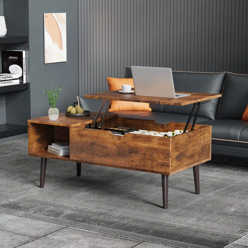 KFZ-1 Coffee Table Brown Lift Top Coffee Tables for Living Room Small Rising Wooden Dining Center Tables with Storage