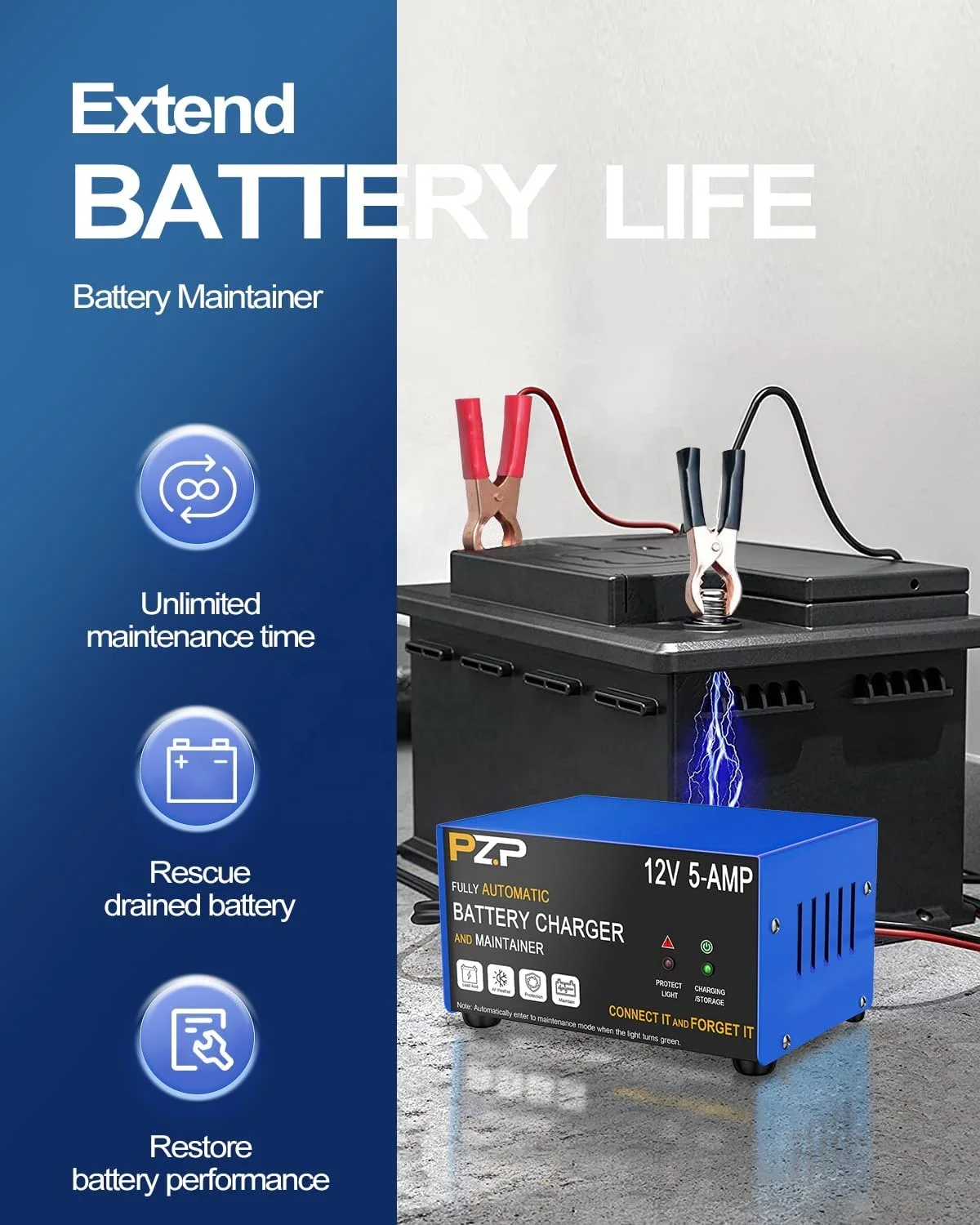 PZP 12V 5A Battery Charger Smart Automotive 12 Volt Trickle Charger and Maintainer 12V Car Battery Charger