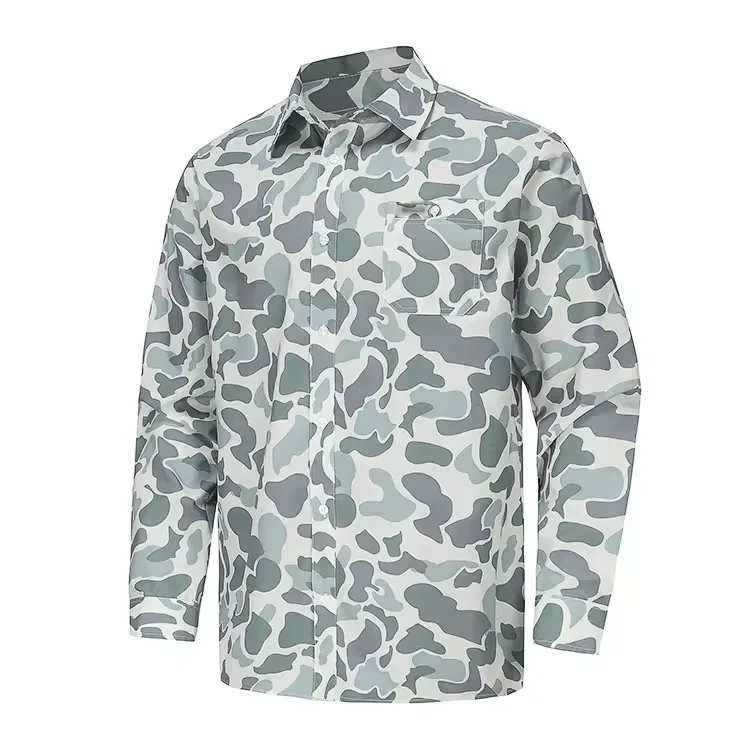 Long Sleeve Fishing Shirts Custom Camo Print SPF Lightweight Fabric Men Button Up Fishing Shirts