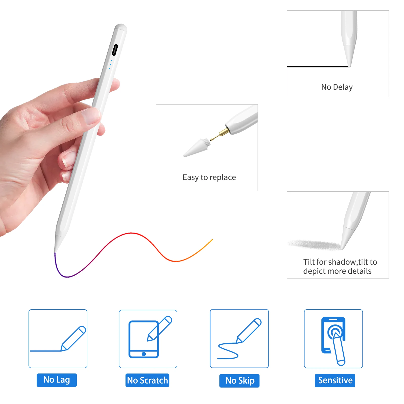Активный цифровой стилус с отвержением ладони совместим iPad 2018 - 2021 2-го 3-го 4-го 5-го 6-го 7-го 8-го