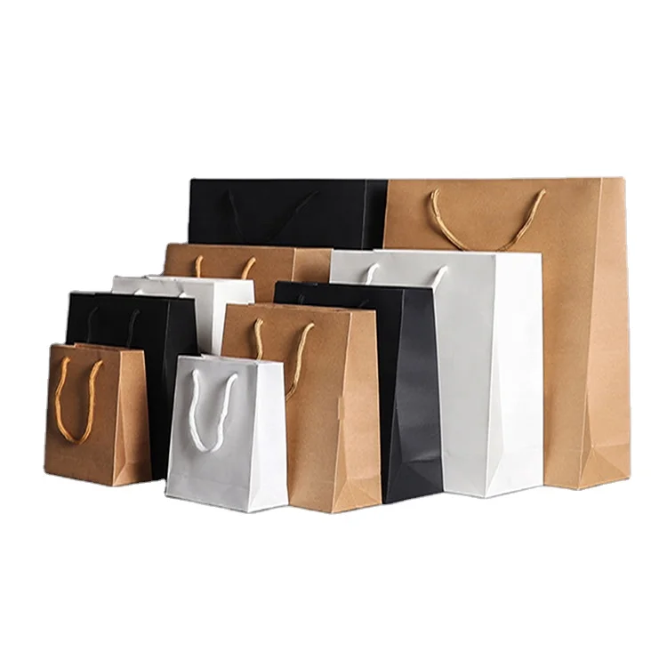 Wholesale custom logo design luxury black white brown cardboard paper bag with cotton Ribbon rope handle