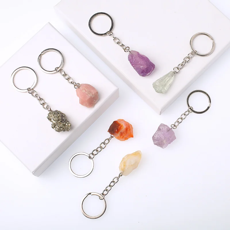 Wholesale Natural Crystal Healing Stone Keychains Cheap Rough Rose Quartz Key Rings Chain for Sale