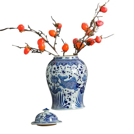 Jingdezhen Классическая банка с изображением рыбы и водорослей большой размер китайская ручной работы синий белый имбирь рыба/птица цветок