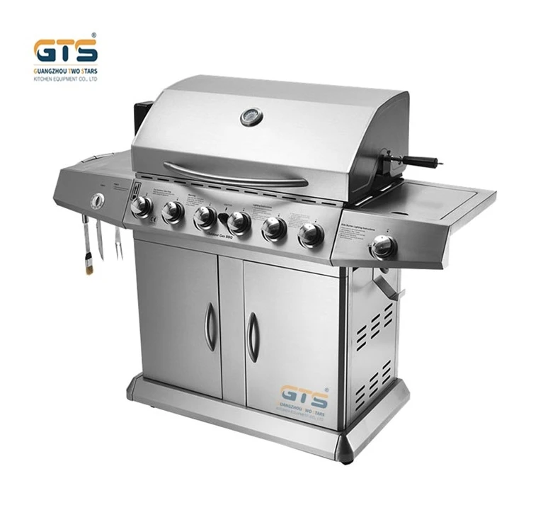 Outdoor Gas 4 burners BBQ stainless steel  Barbecue Grill and Chicken Roaster Rotation with a Cabinet BBQ Mashawi Steak Rips
