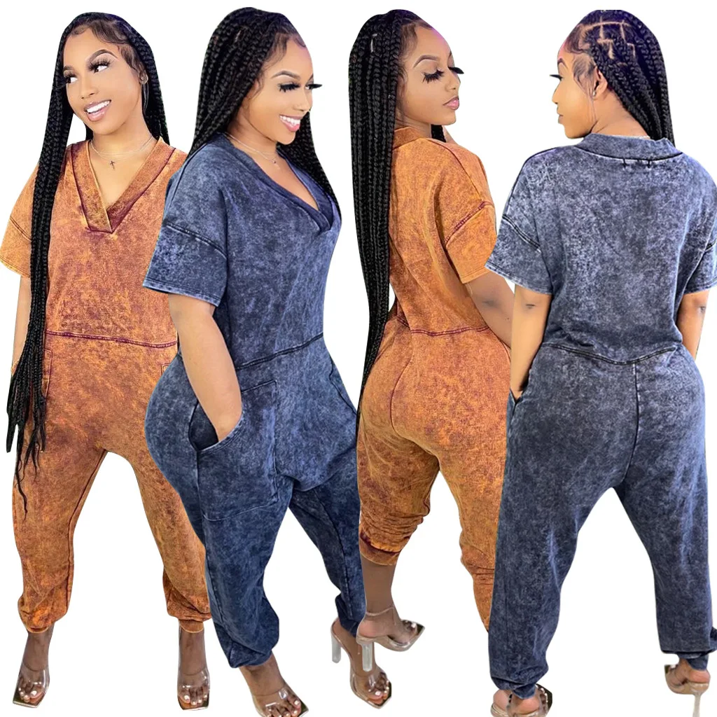 MDJP04-2202 2022 New Product Tie Dye Rompers Comfortable Loose V Neck Short Sleeve Women One Piece Sets Jumpsuits