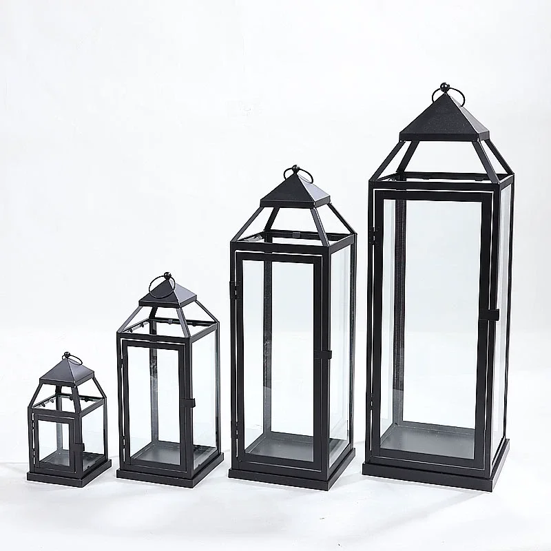 Beeman Black Iron Framed Metal Candle Holder Glass Panels Metal Lantern Candle Lantern For Home Wedding Decoration