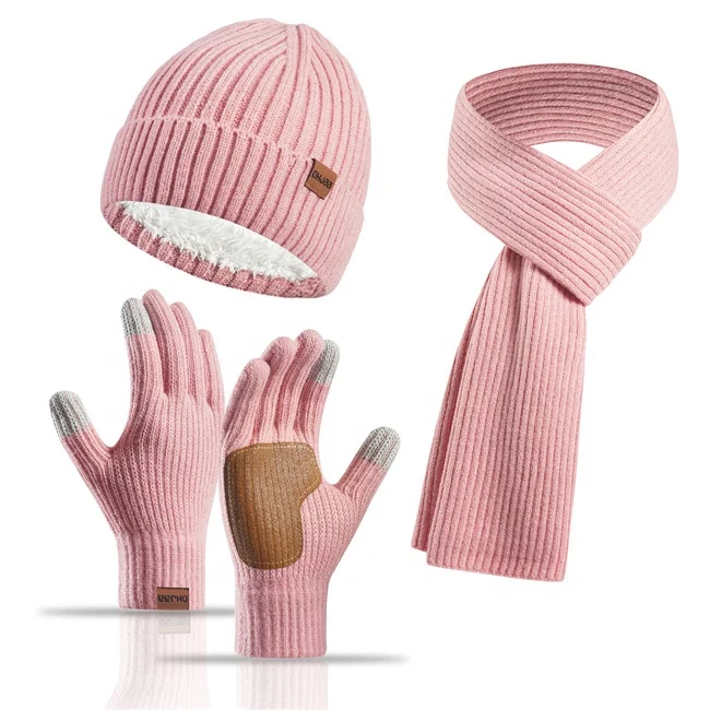Top Quality Winter Warm Knit Beanie Hat Touchscreen Nonslip Gloves Long Neck Scarf Set with Fleece Lined Skull Cap for Women Men