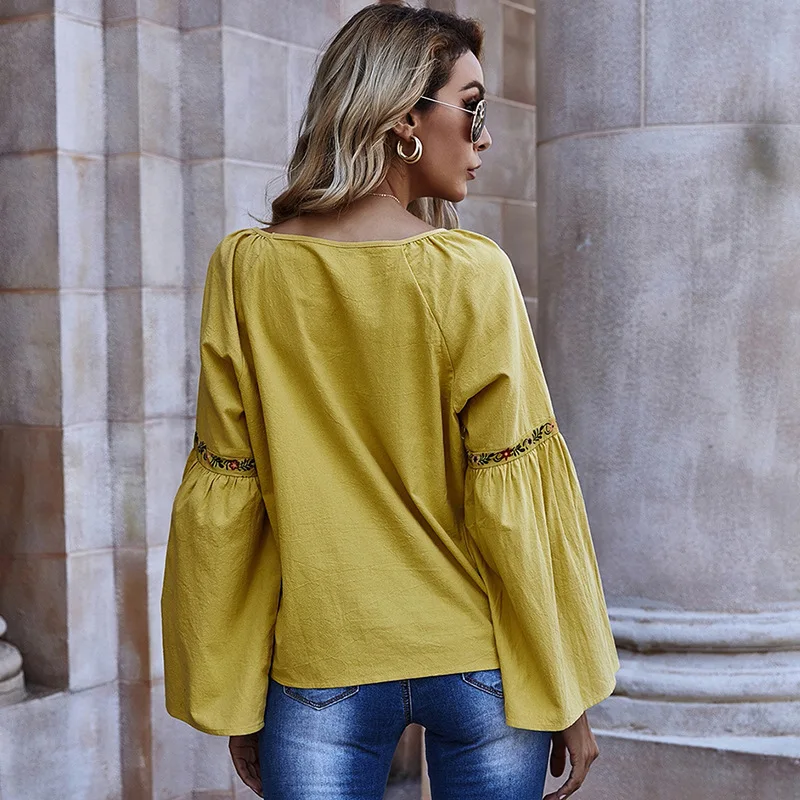 Hot Sale Solid Color Printed Floral Loose Flared Long Sleeves Yellow O-neck Women Casual Blouse