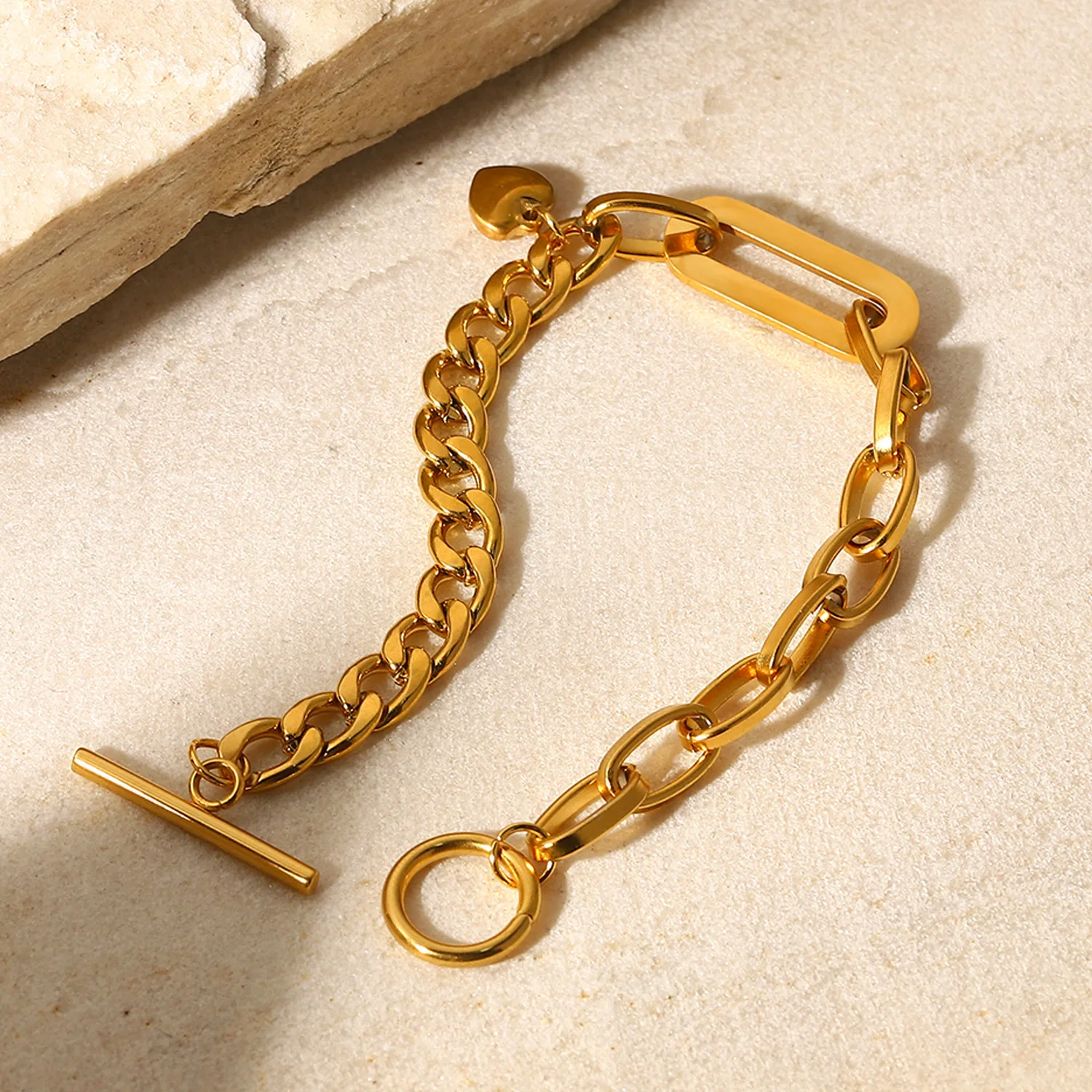 18k Gold Stainless Steel Cuban Chain Oval Chain Stitching Love Small Round Zirconium Pendant Ot Buckle Bracelet For Women