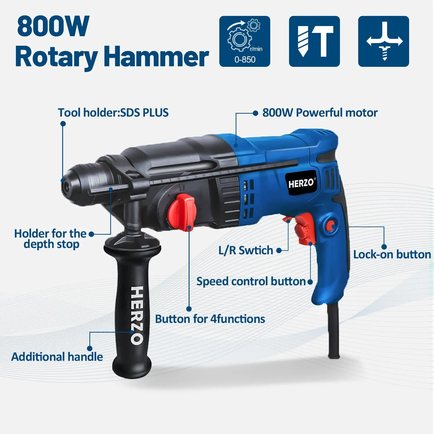 HERZO Wire 800W Electric Hammer Drills 220V Breaker Drilling Machine Drills Electric Rotary Hammer