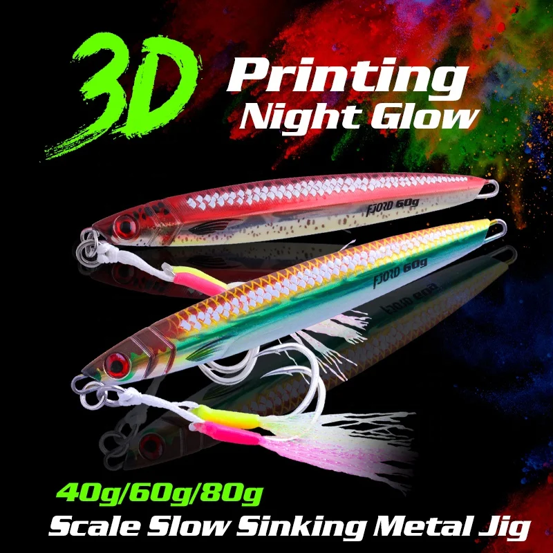 FJORD Customized 40G 60G 80G UV Jigging Lure Saltwater Fishing Jig Glowing at Dark Water Metal Lures with Double Hooks