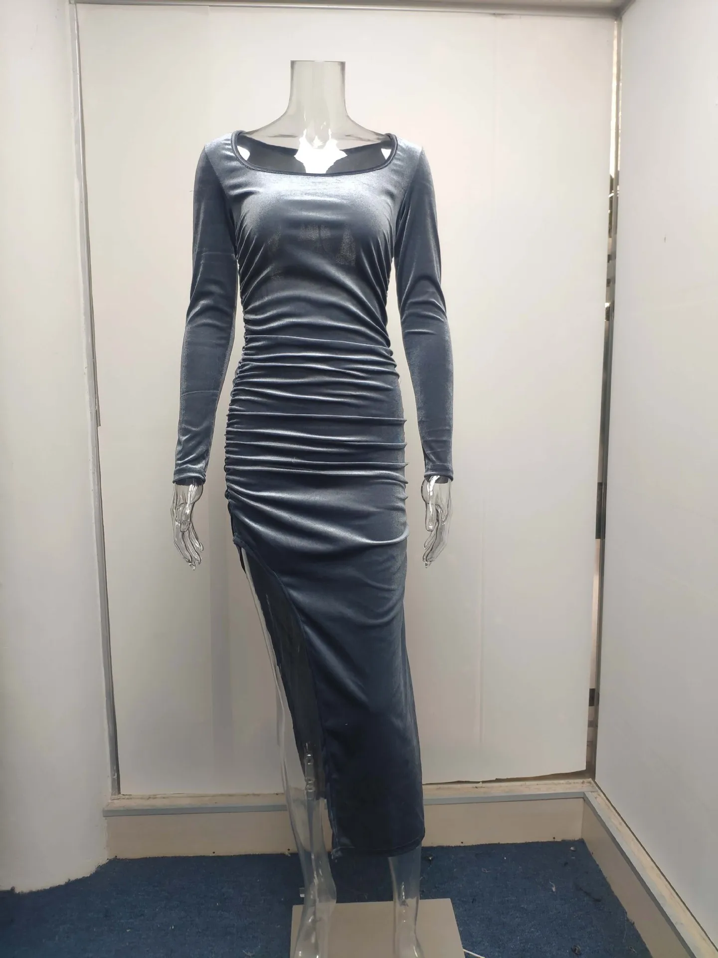 Fall Dress Lady Sexy Drawstring Skirt Long Sleeve Close Fitting Square Neck Slim Party Women Dresses