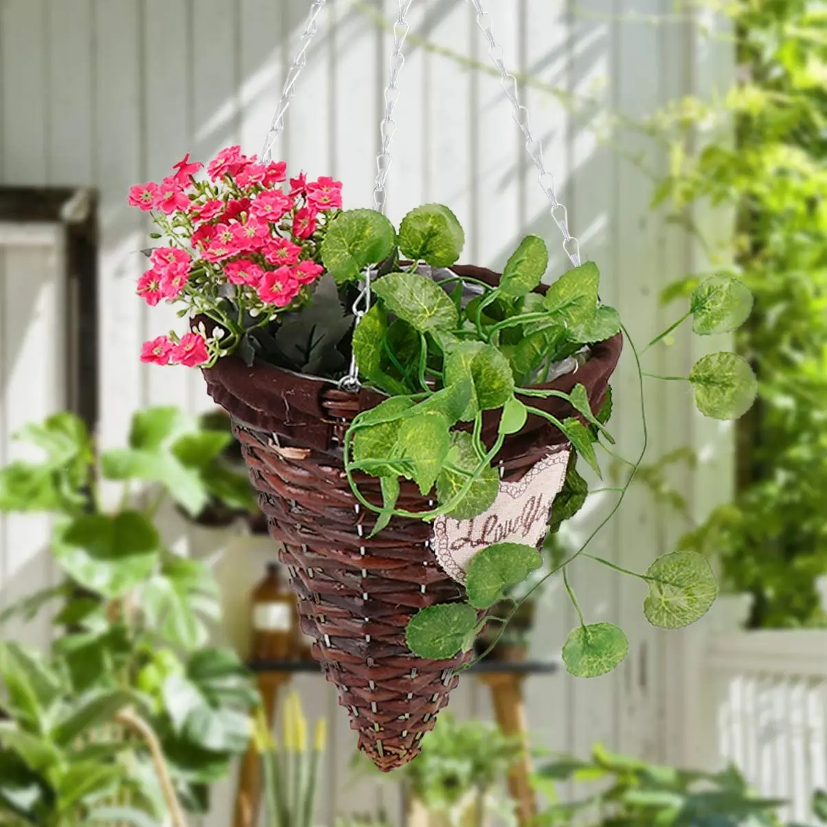 Rurality Wicker Cone Hanging Planter Garden Flowers Plant Pots Basket Cone Hanging Basket