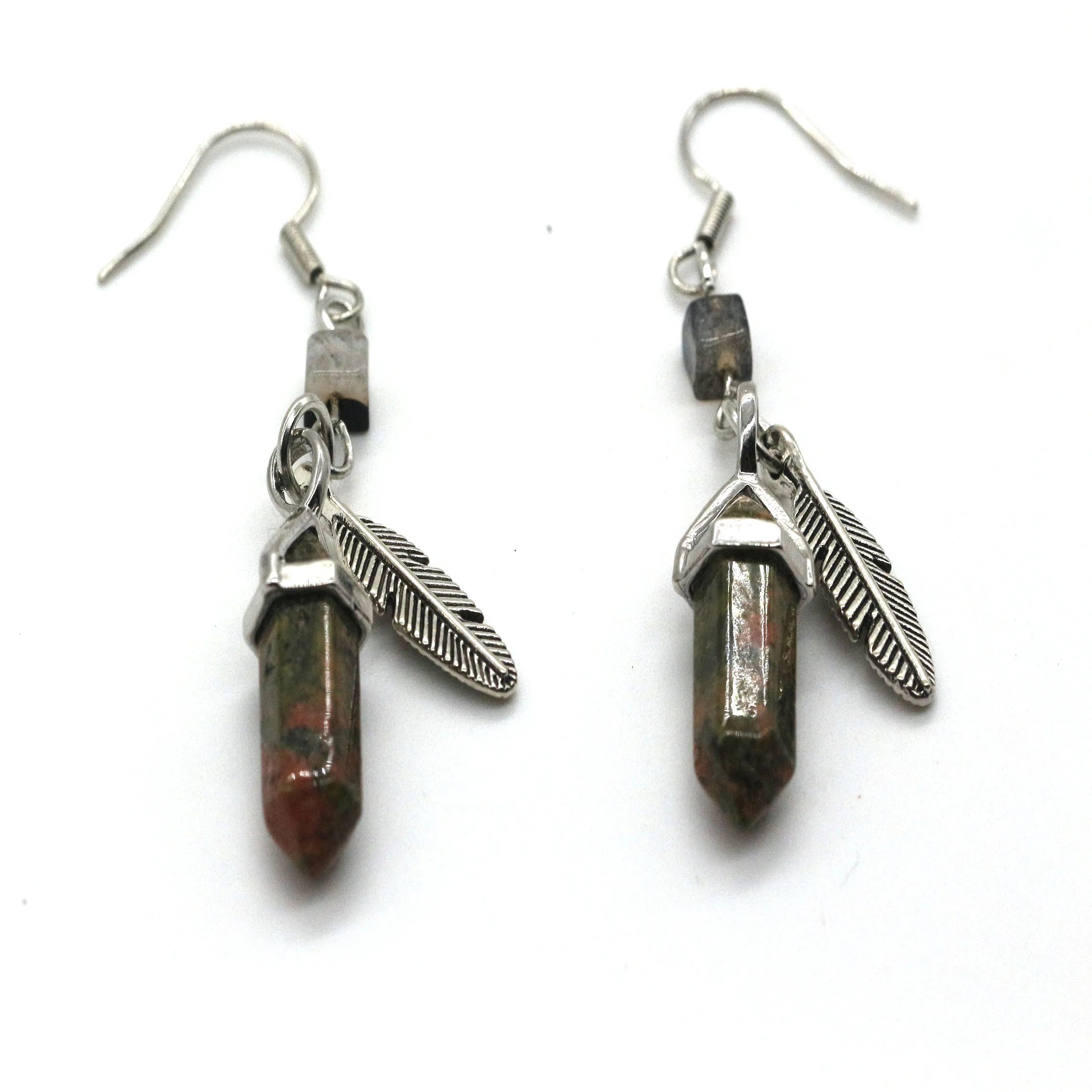 Factory Wholesale fashion Jewelry Drop Earrings Natural Gemstone Unakite Hexagonal Points Crystal Stone Earrings