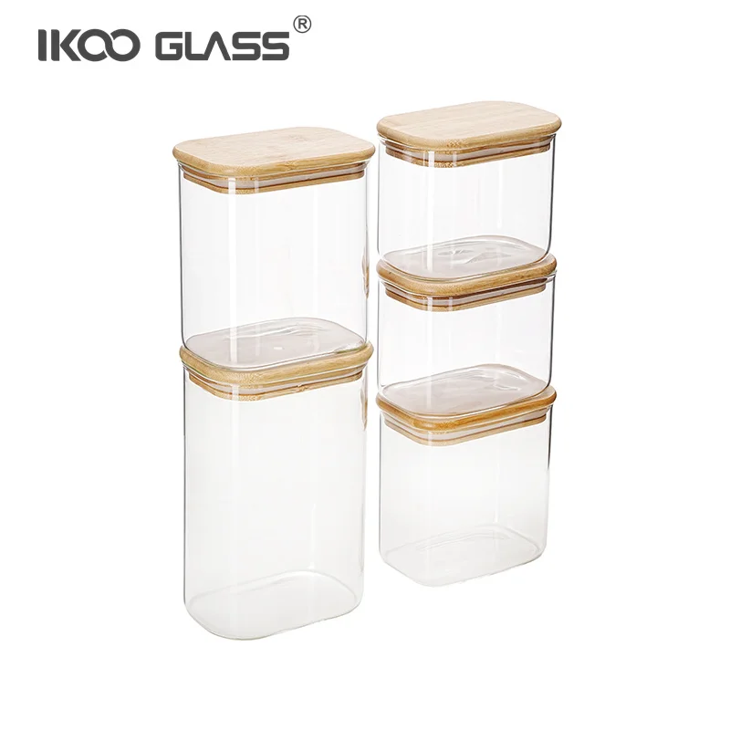 IKOO custom high borosilicate kitchen storage glass jars set with bamboo lid