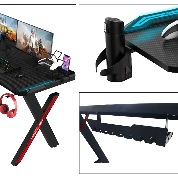 Black Ergonomic RGB LED Light E-sports Gamer Pc Gaming Desk Custom X-Shaped Carbon Fiber Desktop Computer Gaming Table